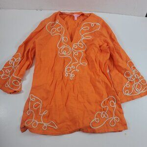 Lilly Pulitzer women top Tangerine Orange Seabreeze Linen Caftan Tunic Small
